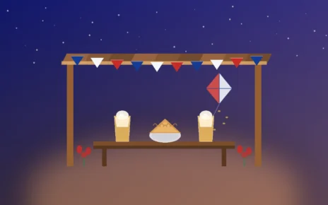Ilustración editorial de una fonda chilena de noche: toldo con banderines, mesa con dos vasos de terremoto, una empanada de pino y un volantín