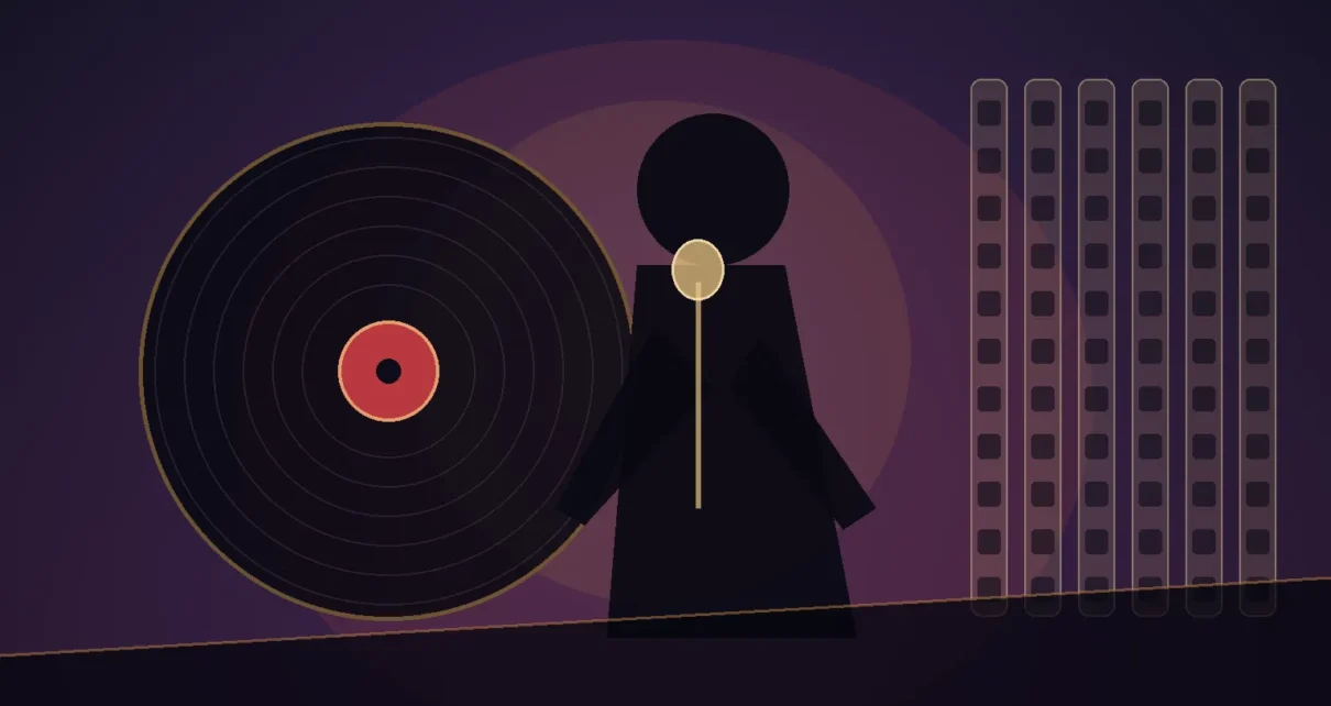 Silueta de un músico frente a un micrófono junto a un disco de vinilo y una tira de película, en una ilustración editorial de tonos cálidos.