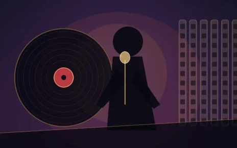 Silueta de un músico frente a un micrófono junto a un disco de vinilo y una tira de película, en una ilustración editorial de tonos cálidos.
