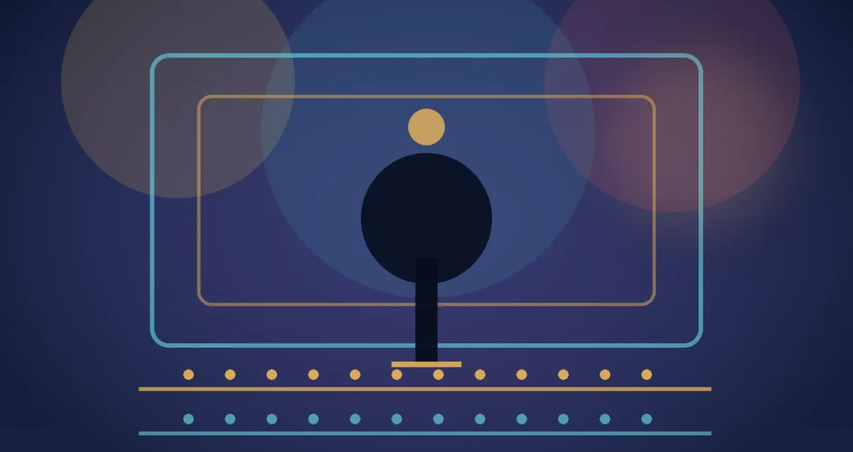 Ilustración de un escenario de televisión con micrófono y luces cálidas