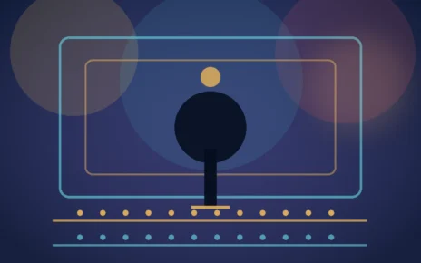 Ilustración de un escenario de televisión con micrófono y luces cálidas