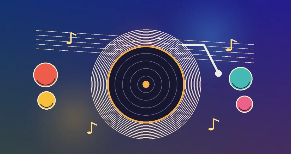 Ilustración editorial con un disco, un brazo de tocadiscos y elementos coloridos de la música latina