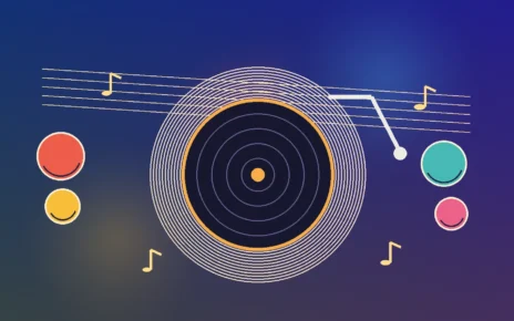 Ilustración editorial con un disco, un brazo de tocadiscos y elementos coloridos de la música latina