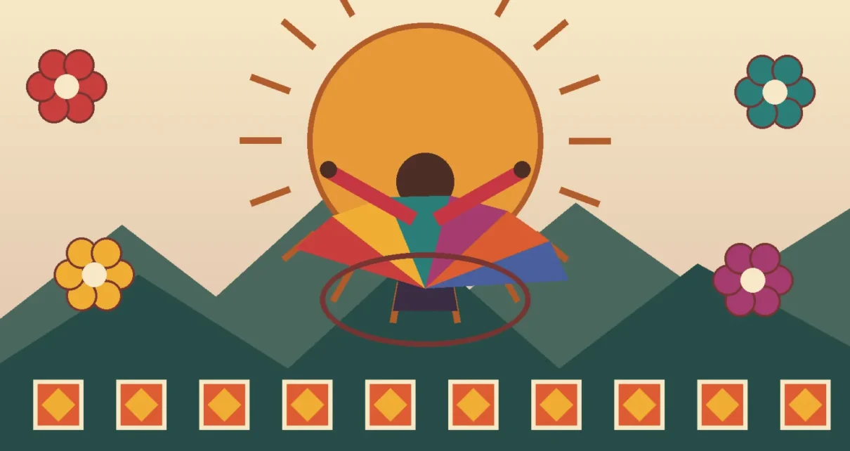 Ilustración colorida de una bailarina frente a las montañas de Oaxaca, con motivos textiles y flores