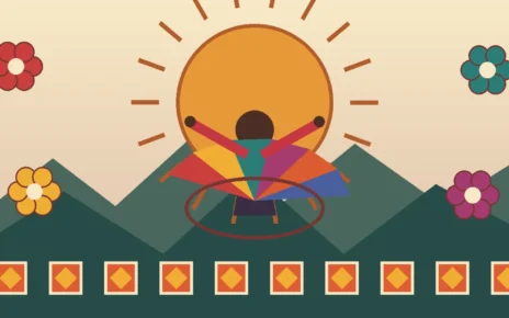 Ilustración colorida de una bailarina frente a las montañas de Oaxaca, con motivos textiles y flores