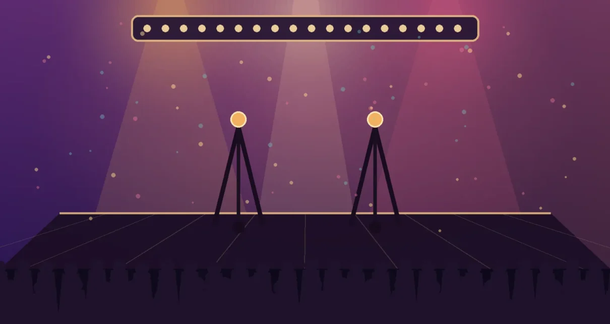 Ilustración editorial de un escenario de teatro con dos micrófonos bajo reflectores y una audiencia sentada en tonos cálidos