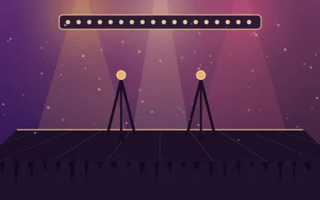 Ilustración editorial de un escenario de teatro con dos micrófonos bajo reflectores y una audiencia sentada en tonos cálidos