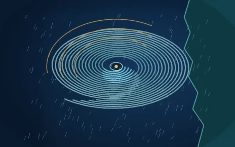 Ilustración editorial de un huracán sobre el Pacífico mexicano junto a una costa iluminada