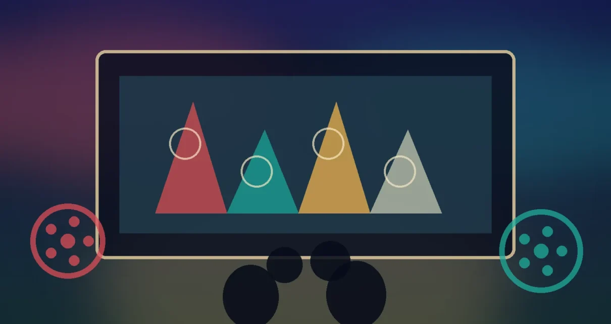 Pantalla de cine con formas abstractas y dos carretes que representan una muestra de cine latino en Los Ángeles
