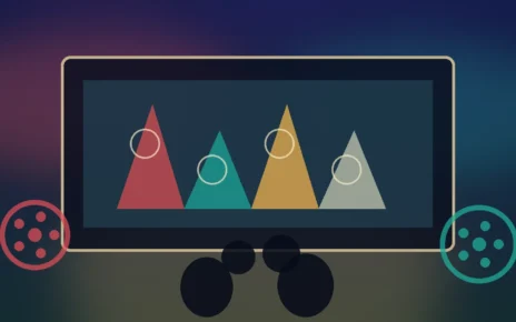 Pantalla de cine con formas abstractas y dos carretes que representan una muestra de cine latino en Los Ángeles
