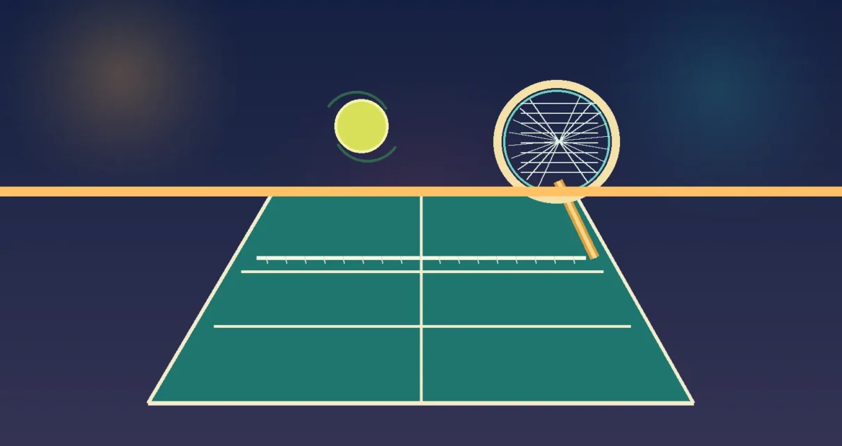 Ilustración editorial de una cancha de tenis con una raqueta y una pelota
