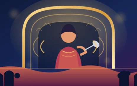 Ilustración editorial de un escenario de concierto con un arco dorado y un micrófono