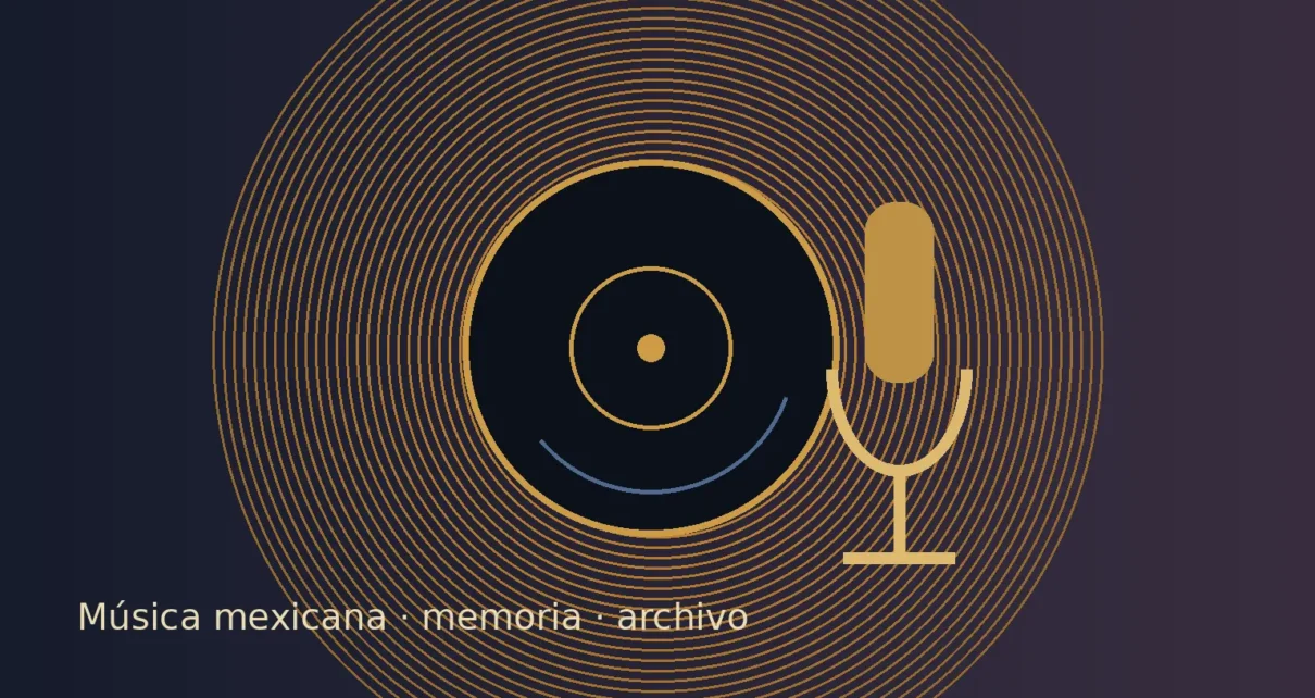 Ilustración editorial con un disco de vinilo y un micrófono sobre un fondo azul oscuro