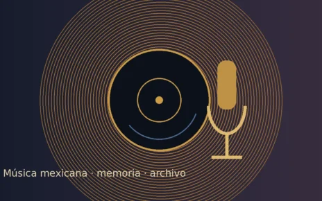 Ilustración editorial con un disco de vinilo y un micrófono sobre un fondo azul oscuro