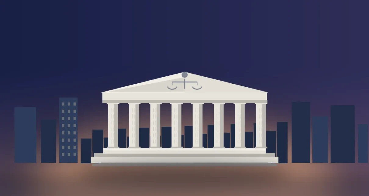 Ilustración editorial de una fachada de tribunal con columnas y escalinatas al amanecer, con un horizonte urbano al fondo