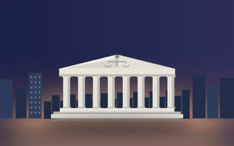 Ilustración editorial de una fachada de tribunal con columnas y escalinatas al amanecer, con un horizonte urbano al fondo