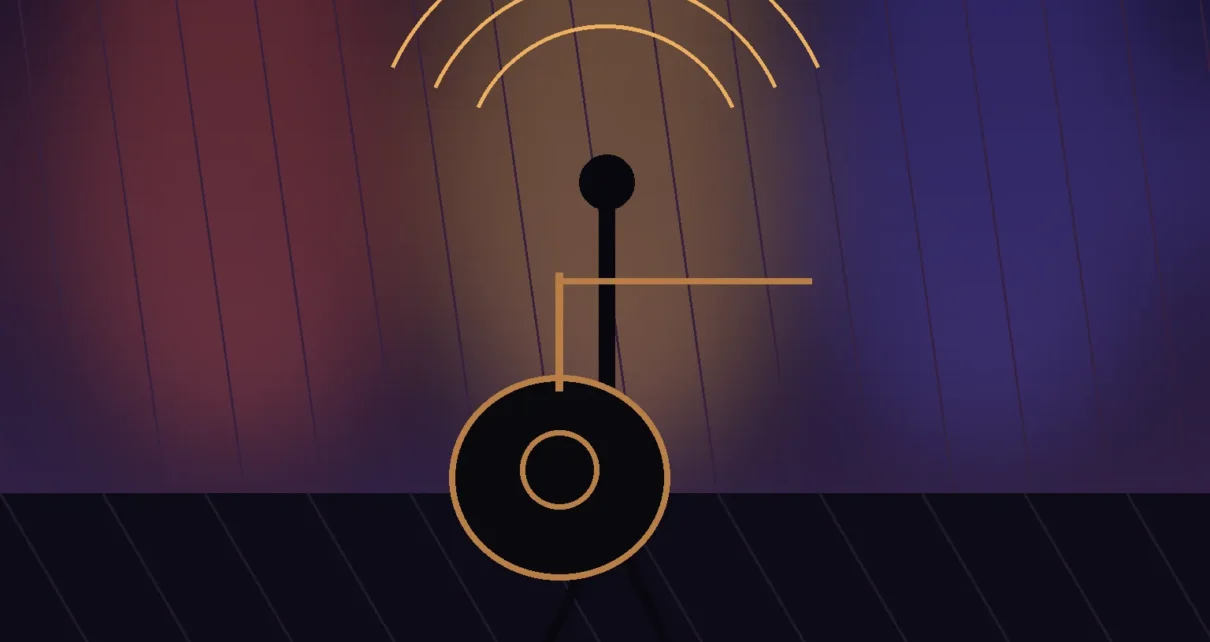 Ilustración editorial de un escenario con micrófono, guitarra y luces de concierto