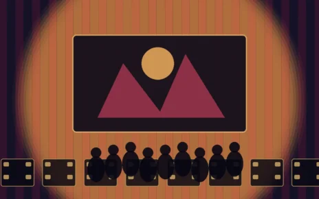 Ilustración de una pantalla de cine con siluetas de público y una tira de película