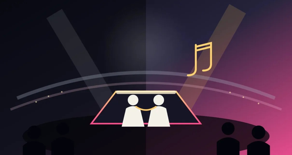 Ilustración de dos artistas sobre un escenario de estadio entre luces y notas musicales.