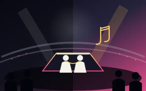 Ilustración de dos artistas sobre un escenario de estadio entre luces y notas musicales.
