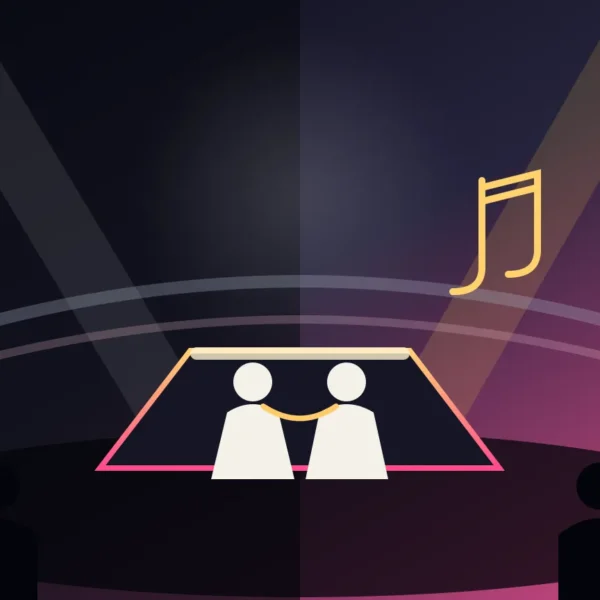 Ilustración de dos artistas sobre un escenario de estadio entre luces y notas musicales.