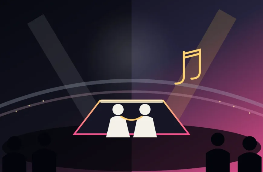 Ilustración de dos artistas sobre un escenario de estadio entre luces y notas musicales.