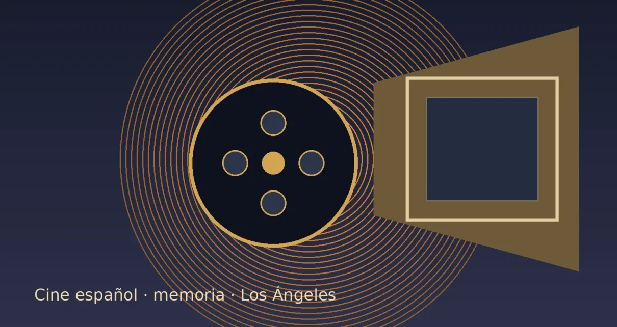 Composición editorial con carrete de película y pantalla iluminada sobre cine español