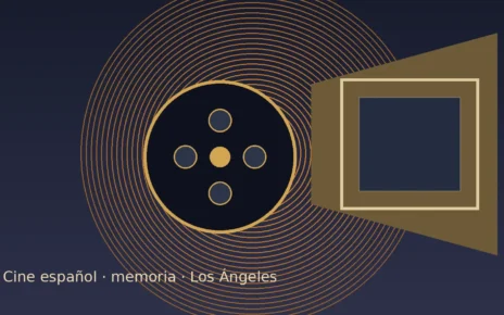 Composición editorial con carrete de película y pantalla iluminada sobre cine español