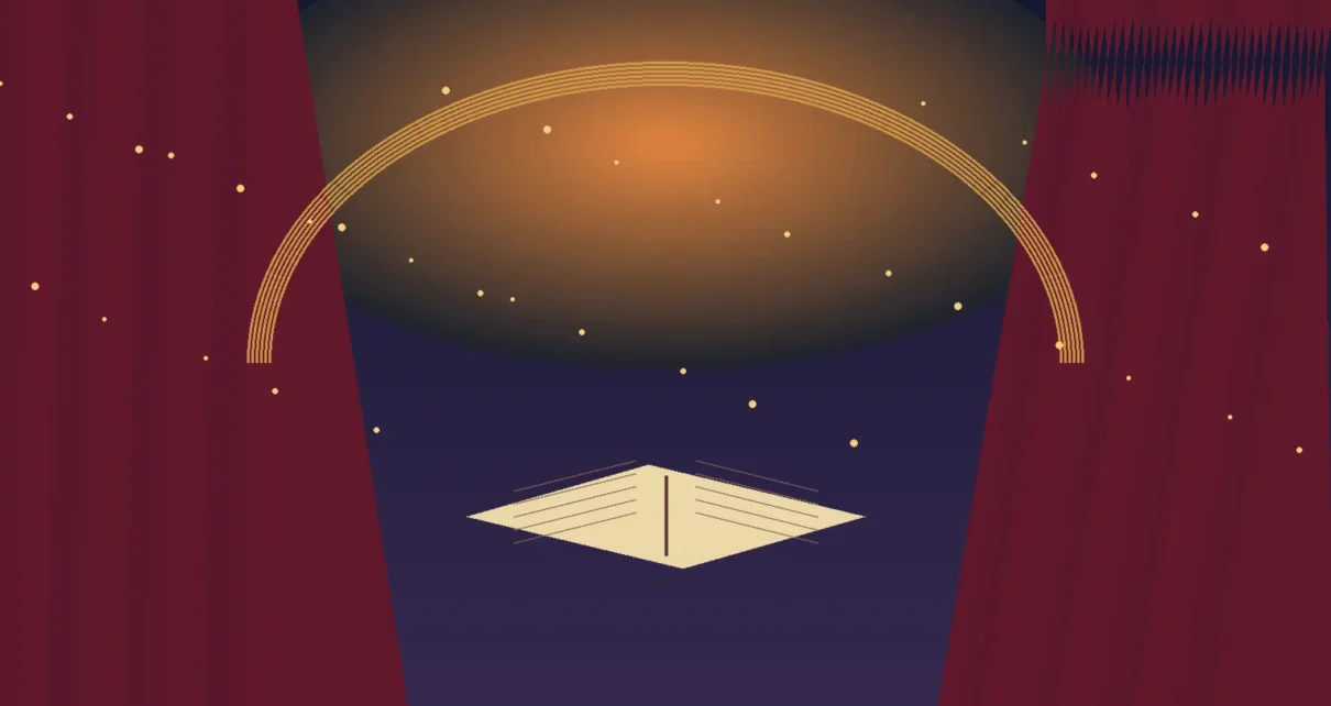 Ilustración de un escenario teatral con cortinas rojas y un libro abierto bajo una luz cálida