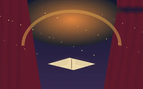 Ilustración de un escenario teatral con cortinas rojas y un libro abierto bajo una luz cálida