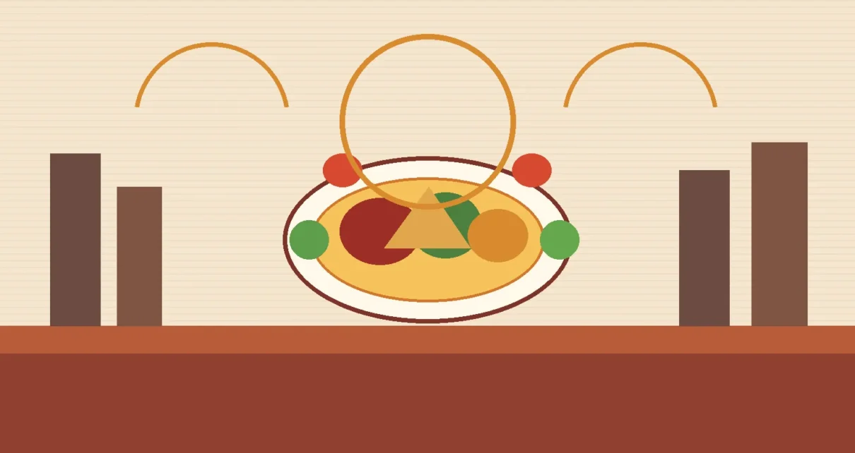 Mesa con platillos coloridos y elementos urbanos de Long Beach en una ilustración editorial