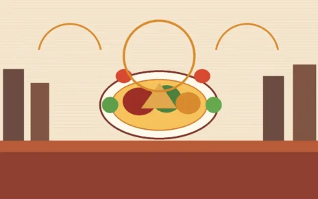 Mesa con platillos coloridos y elementos urbanos de Long Beach en una ilustración editorial