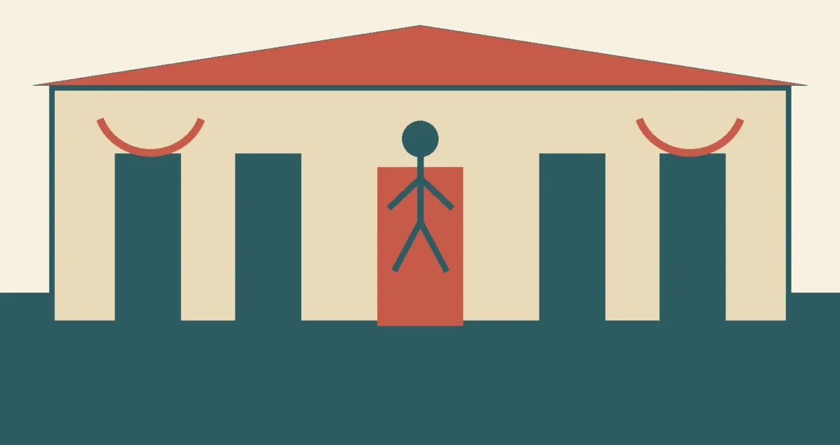 Ilustración de una escuela pública con estudiantes y símbolos culturales latinos