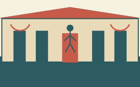 Ilustración de una escuela pública con estudiantes y símbolos culturales latinos