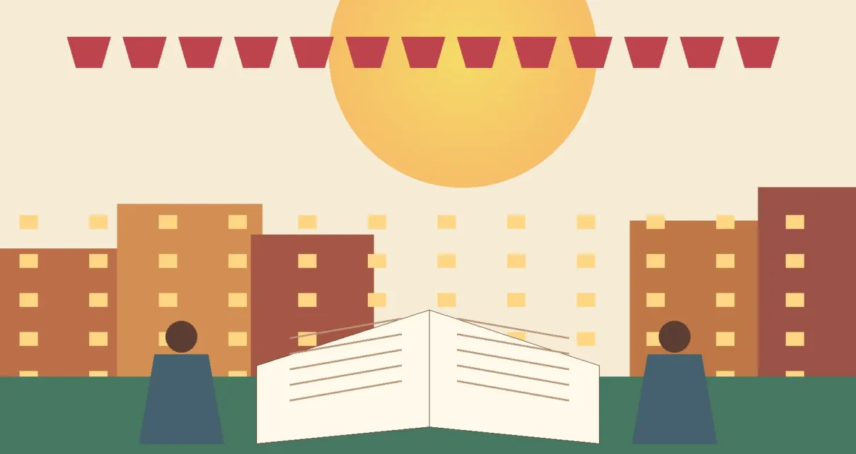 Ilustración editorial de libros abiertos y una plaza cultural de Los Ángeles