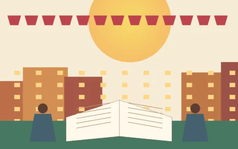 Ilustración editorial de libros abiertos y una plaza cultural de Los Ángeles