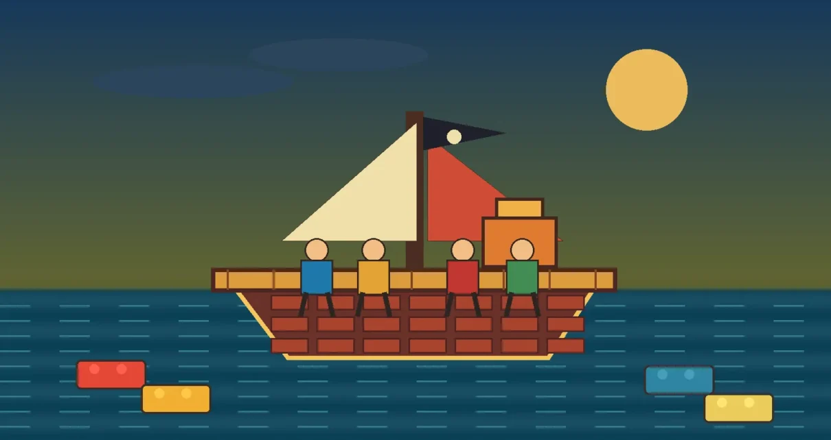 Ilustración de un barco pirata construido con bloques de colores al atardecer
