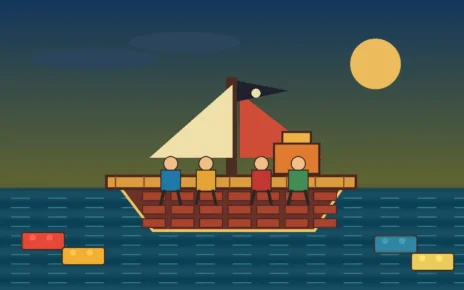 Ilustración de un barco pirata construido con bloques de colores al atardecer