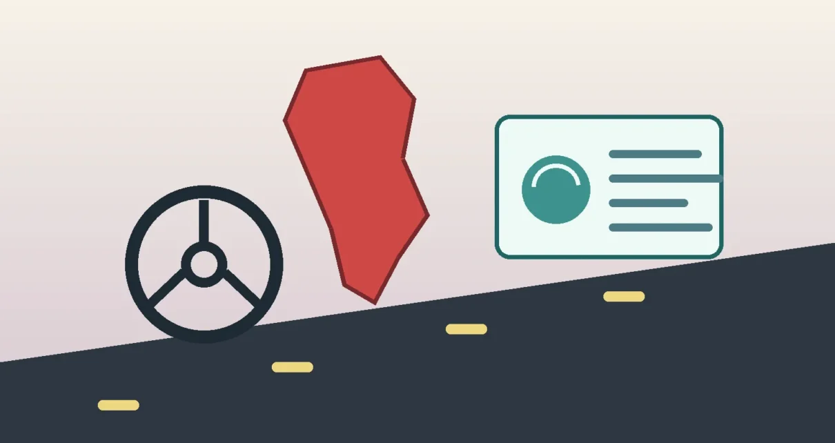 Ilustración de una licencia de conducir de California junto a un volante y una carretera