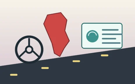 Ilustración de una licencia de conducir de California junto a un volante y una carretera