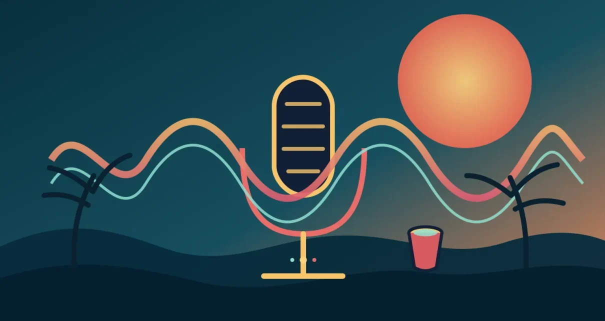 Ilustración de un micrófono y ondas sonoras frente a un paisaje de Los Ángeles con colores caribeños