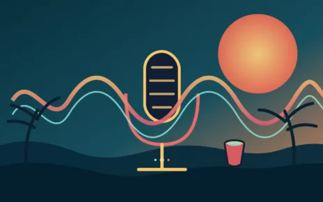 Ilustración de un micrófono y ondas sonoras frente a un paisaje de Los Ángeles con colores caribeños