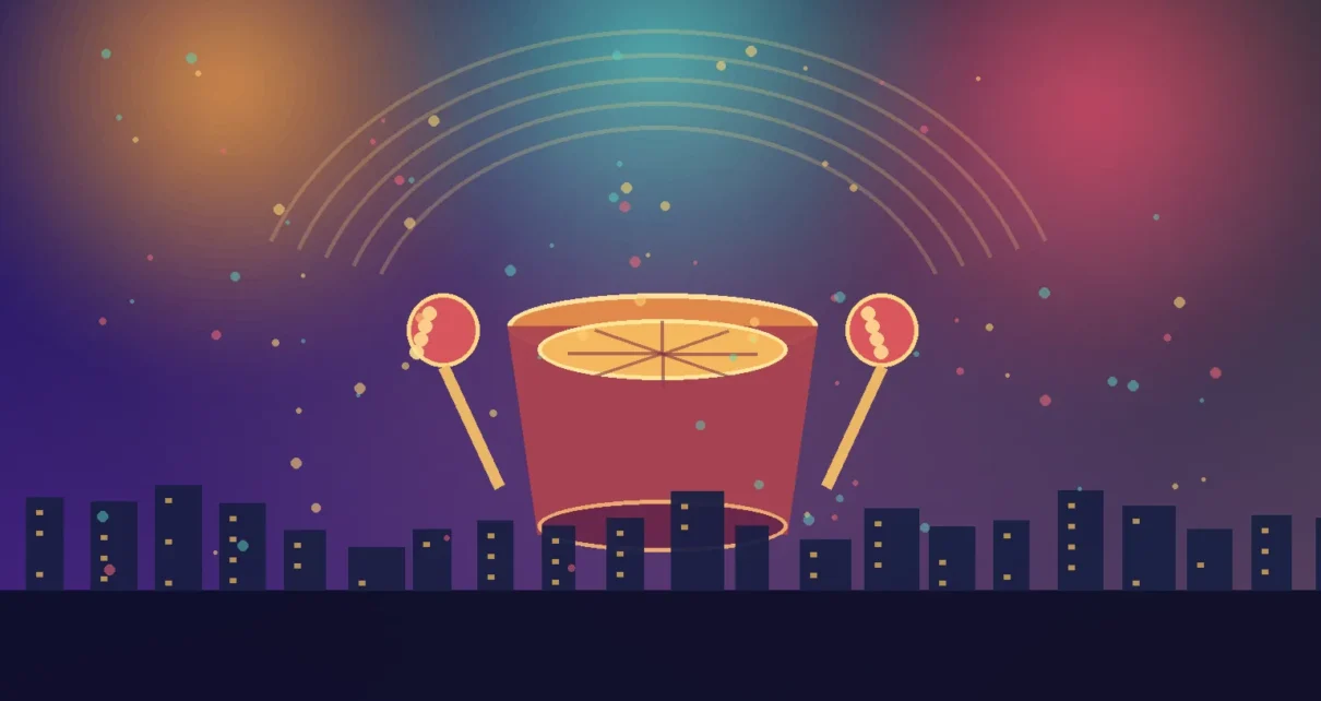 Ilustración editorial de un tambor y elementos de cumbia frente a un paisaje urbano de Los Ángeles