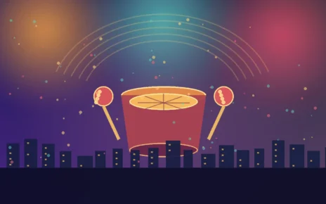 Ilustración editorial de un tambor y elementos de cumbia frente a un paisaje urbano de Los Ángeles
