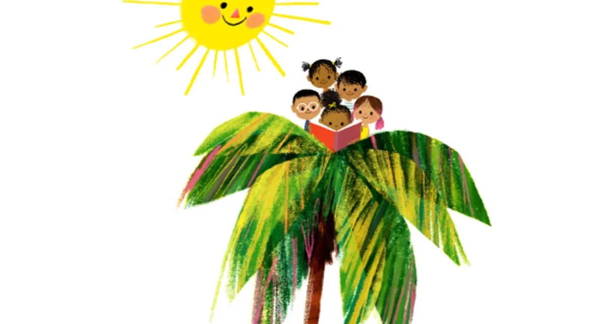Niños de distintas edades leen juntos sobre una palmera en una ilustración colorida