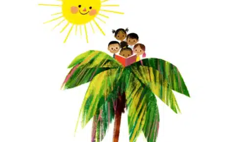 Niños de distintas edades leen juntos sobre una palmera en una ilustración colorida