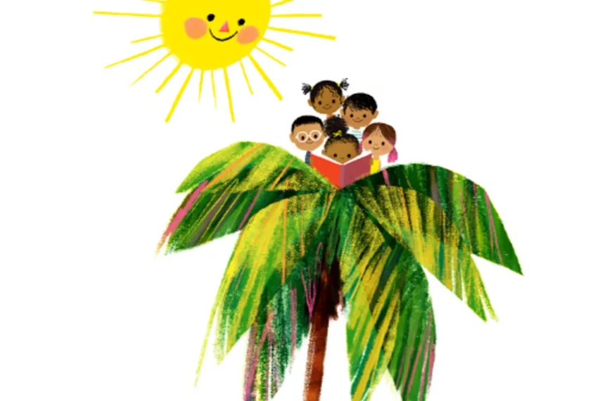 Niños de distintas edades leen juntos sobre una palmera en una ilustración colorida