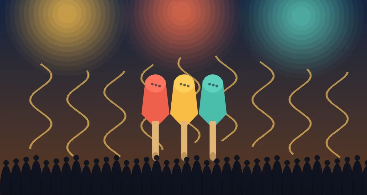 Ilustración editorial de una presentación musical con tres instrumentos estilizados, luces de escenario y público.