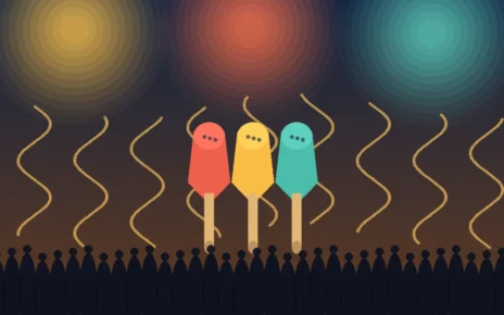 Ilustración editorial de una presentación musical con tres instrumentos estilizados, luces de escenario y público.