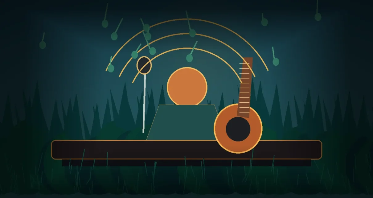 Ilustración editorial de un músico con guitarra eléctrica y micrófono frente a un paisaje amazónico